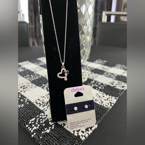 Silver Heart & Crystal Drop Necklace with Stud Earrings